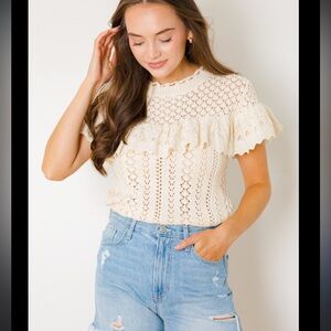 Zara Eyelet Ruffle Crochet Sweater Short Sleeve